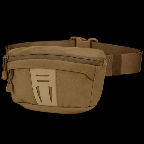 The Condor Draw Down Waist Pack Gen III features a tan color, front zipper pocket, adjustable strap, and minimalist design—perfect for first responders and law enforcement professionals.